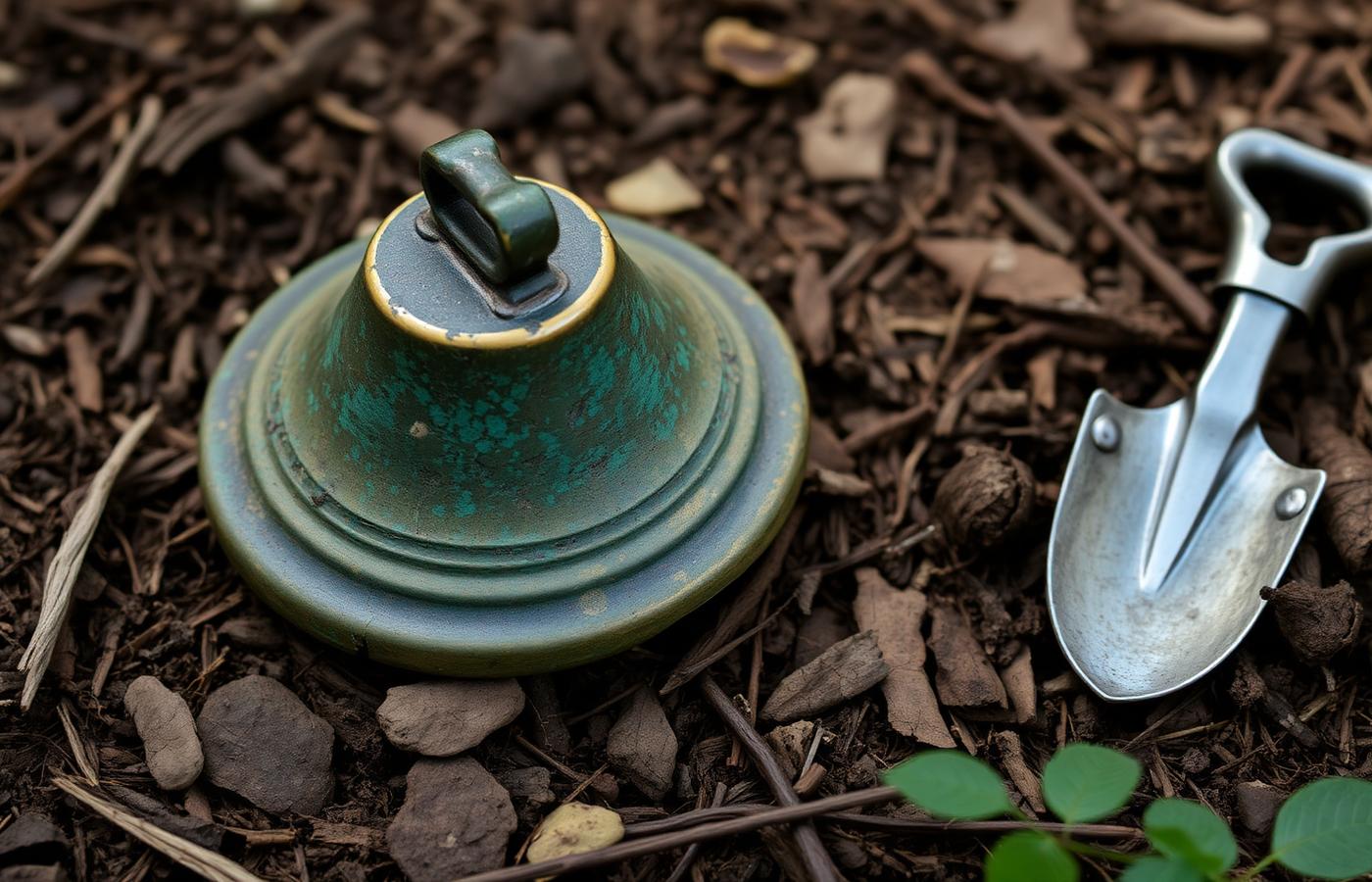 Un vieil objet métallique avec une patine verdâtre à côté d'une petite pelle sur le sol de la forêt