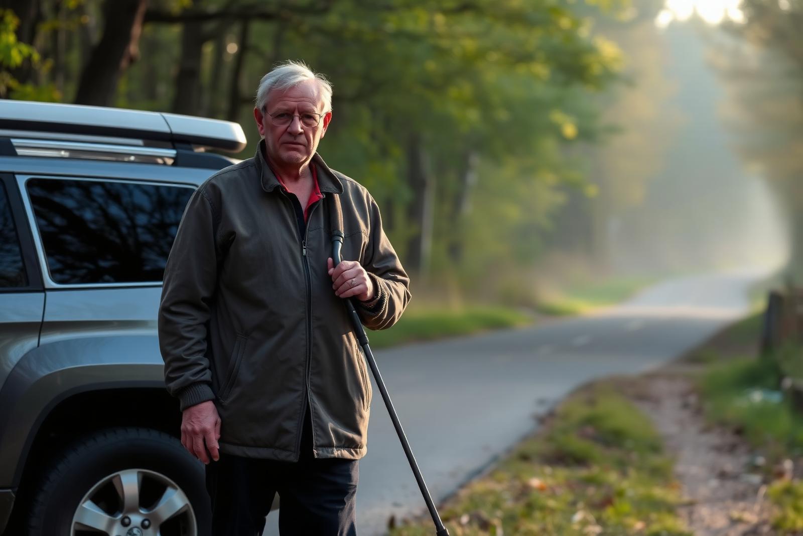Un homme avec un détecteur de métaux le long d'une route en lisière de forêt, à côté d'un SUV garé